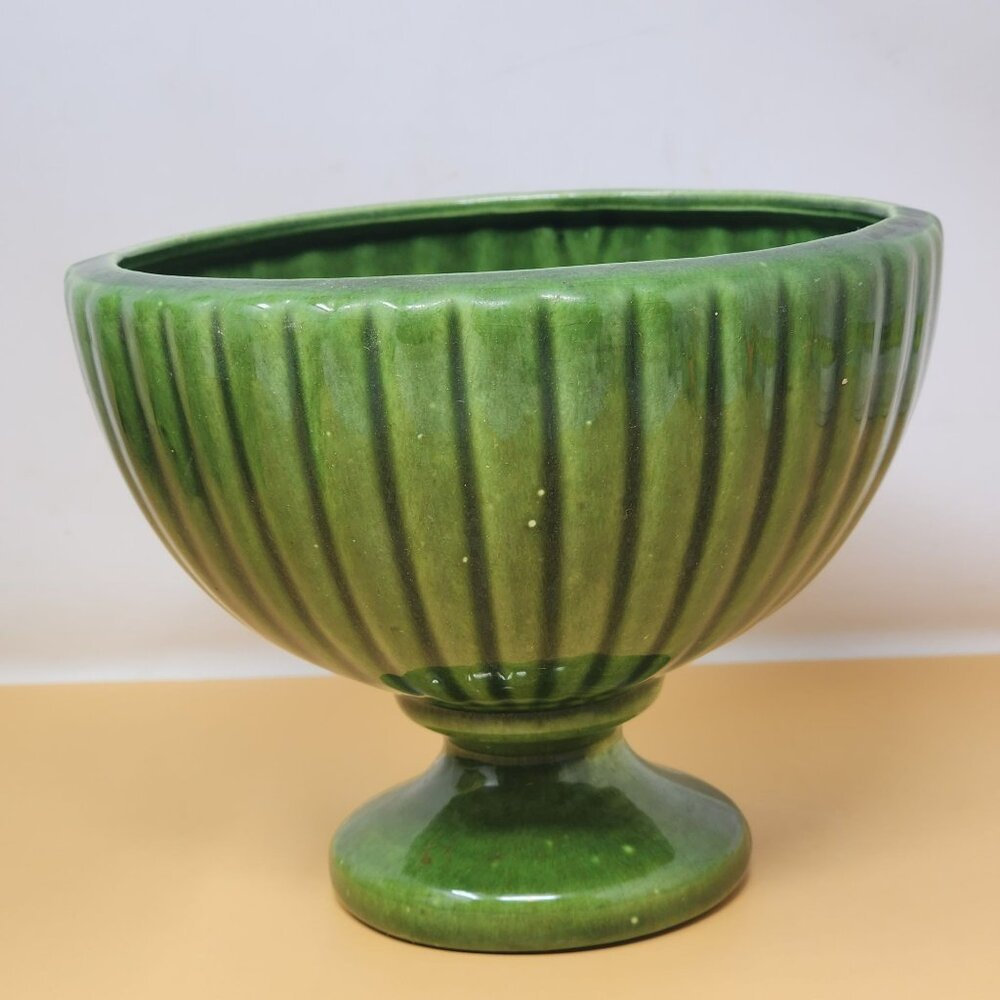 Vintage‎ Green Speckled Haeger USA Ribbed Ceramic Pedestal Footed Bowl